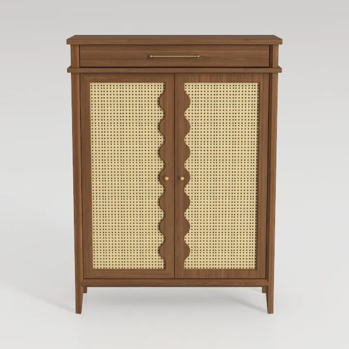 Mid-Century Japandi Solid Wood Rattan Accent Cabinet 3D Model