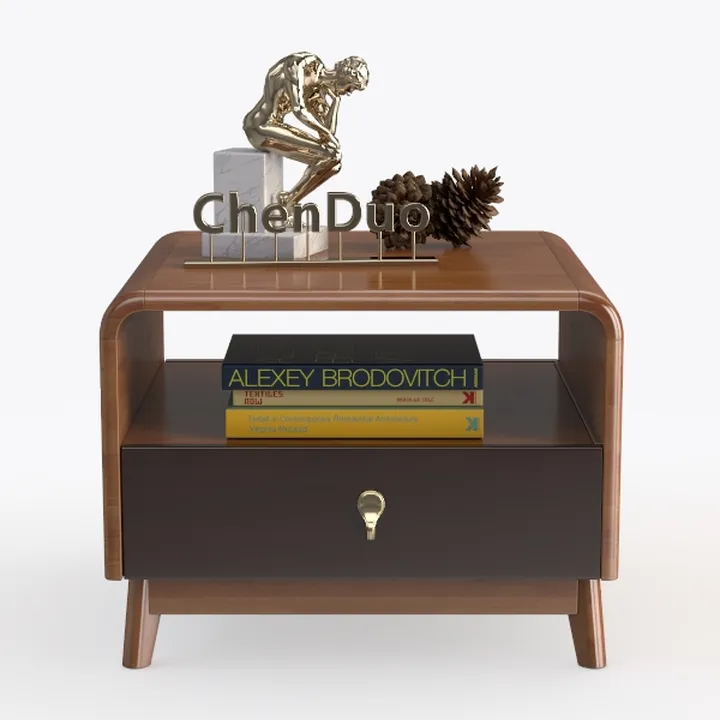Mid-Century Solid Wood Nightstand with Single Drawer 3D Model