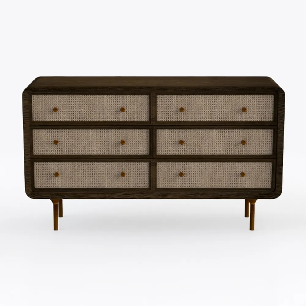 White Dresser for Bedroom, Rattan 6 Drawer Dresser