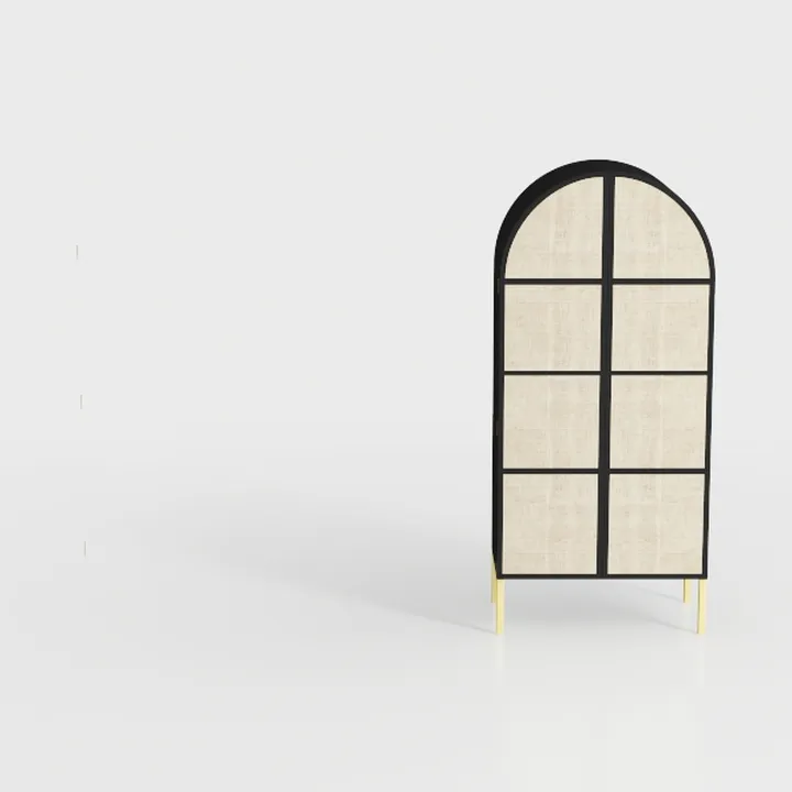 Minimalist Arched Cane Fabric Black Frame Cabinet 3D Model