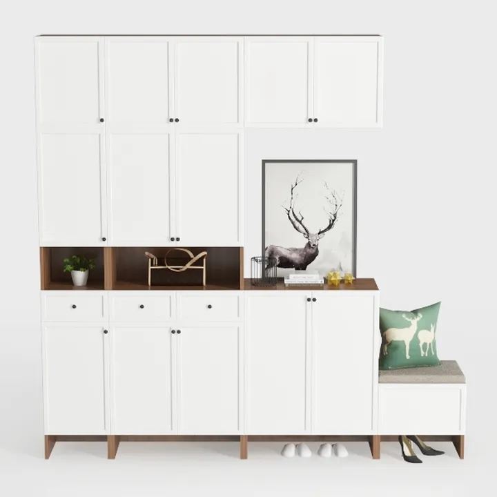 Minimalist White Solid Wood Entryway Storage Cabinet with Bench 3D Model