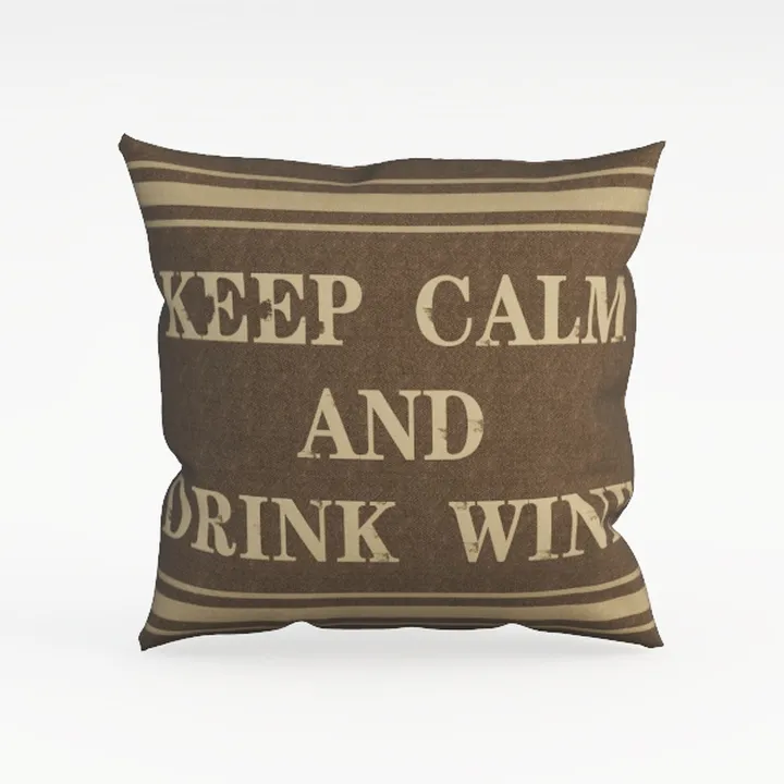 Vintage Linen Decorative Throw Pillow Keep Calm Drink Wine Print 3D Model