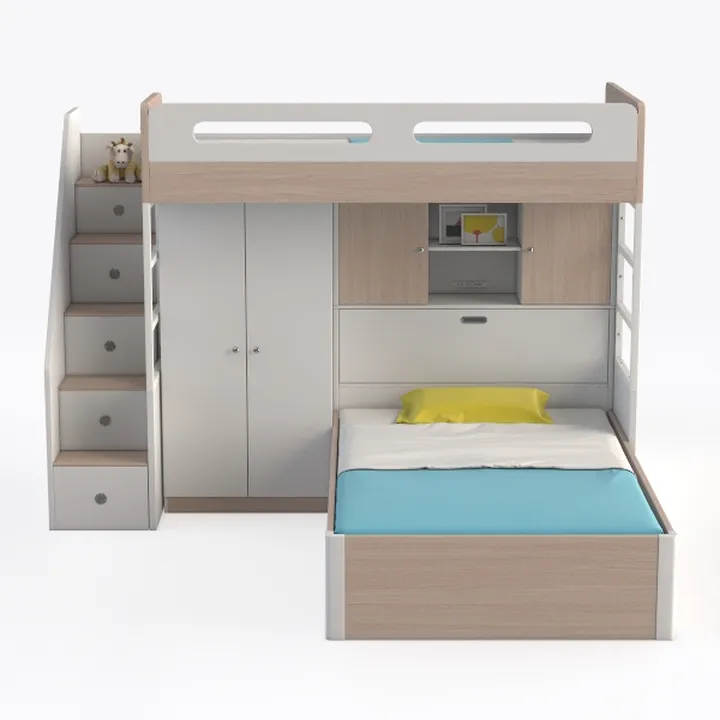 Modern Solid Wood Multi functional Bunk Bed with Storage Stairs Wardrobe 3D Model