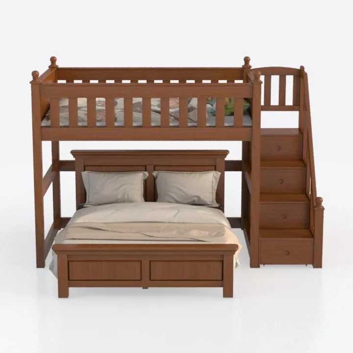 Solid Wood Traditional Bunk Bed with Staircase Storage 3D Model
