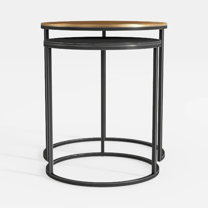 Modern Minimalist Oak Top Black Metal Nesting Side Tables 3D Model