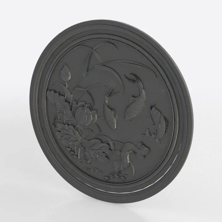 Black Metal Oriental Koi Fish Lotus Carved Round Wall Decor 3D Model