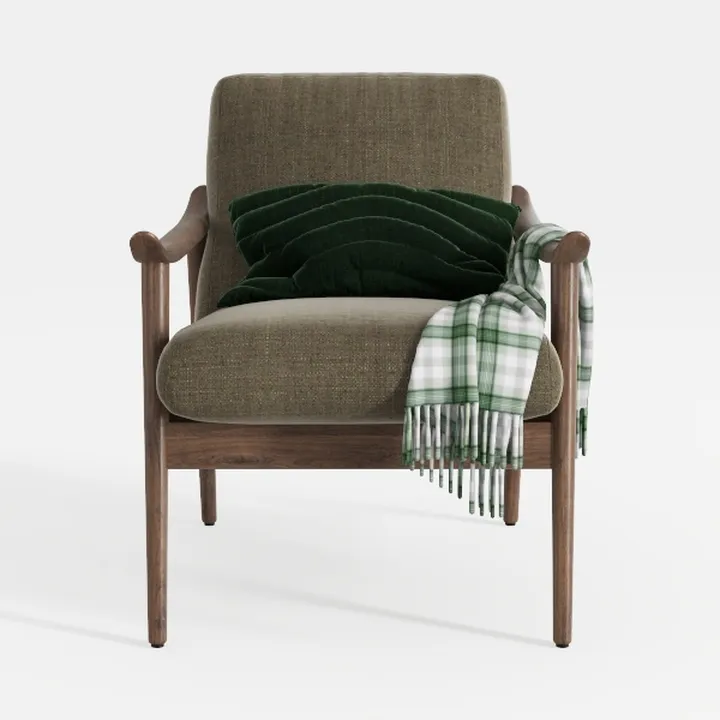 Modern Walnut Fabric Upholstered Armchair with Throw Pillow and Blanket 3D Model