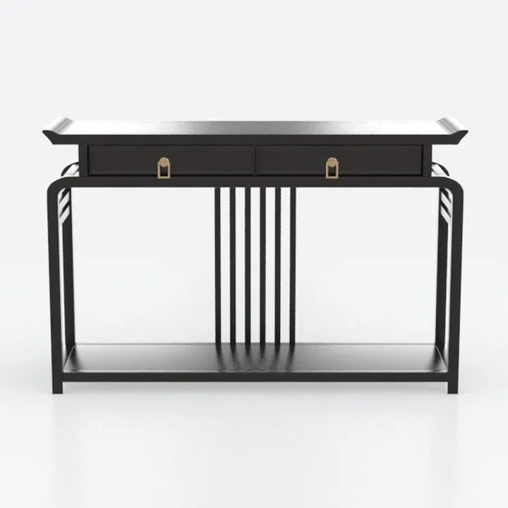 Modern Black Solid Wood Console Table with Brass Hardware 3D Model