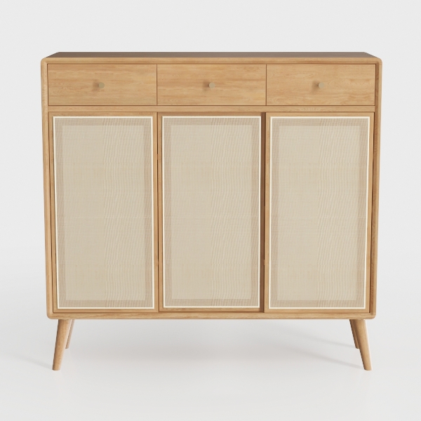 Rattan Storage Cabinet with 3 Doors, Boho