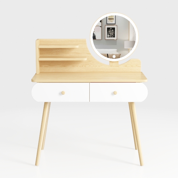 2-Piece White and Natural Makeup Vanity Set with L