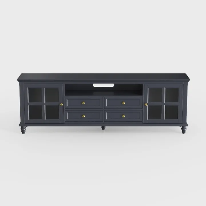 Classic Black Solid Wood TV Stand With Glass Doors And Brass Hardware 3D Model