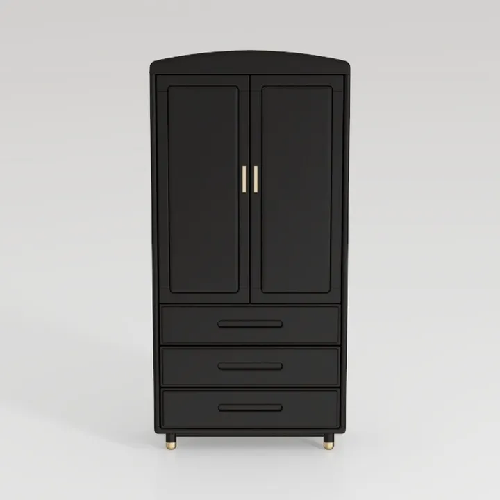 Minimalist Black Solid Wood Wardrobe with Brass Accents and Drawers 3D Model