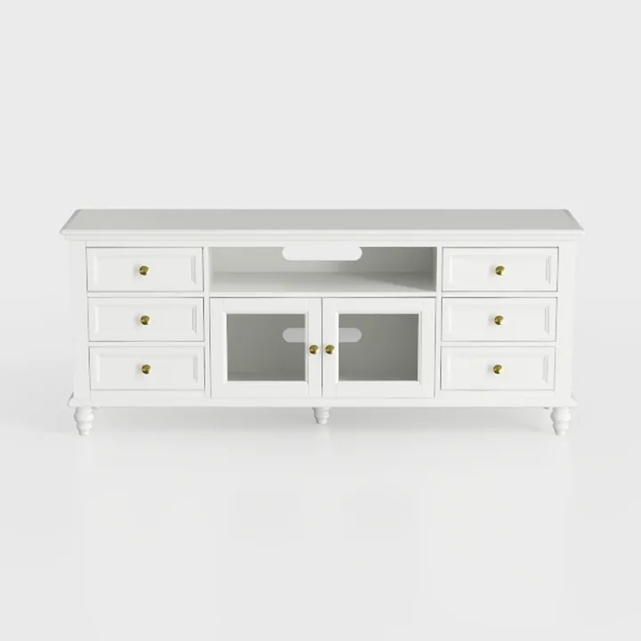 Modern White Solid Wood TV Stand with Gold Hardware Storage 3D Model