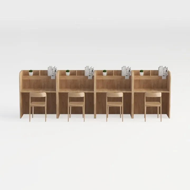 Minimalist Solid Wood Study Carrel Desk Set with Chairs 3D Model