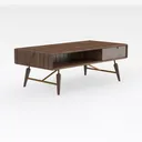 Mid-Century Solid Walnut Wood Storage Coffee Table with Brass Accents 3D Model Right 45 Degree View