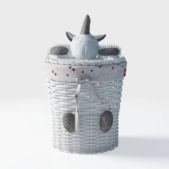 White Wicker Cute Unicorn Kids Storage Basket 3D Model