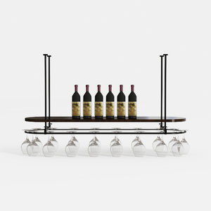 Modern Black Metal Solid Wood Hanging Wine Rack with Glass Holder 3D Model