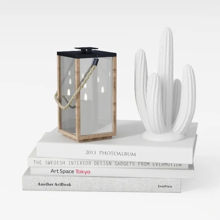 Minimalist Wood Glass Tabletop Lantern and Cactus Decor 3D Model