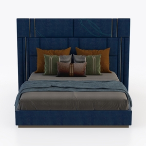 Modern Navy Blue Velvet Upholstered Luxury King Bed 3D Model