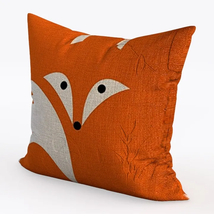 Cute Fox Print Linen Throw Pillow 3D Model