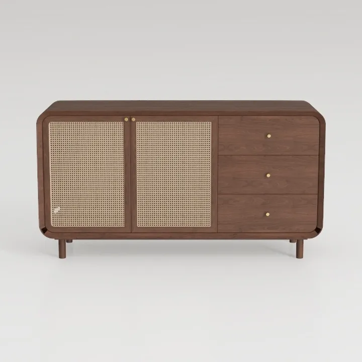 Mid Century Walnut Rattan Sideboard With Brass Hardware 3D Model