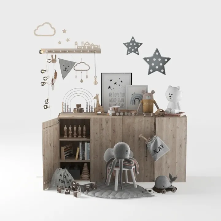Minimalist Solid Wood Kids Storage Cabinet with Playroom Decor 3D Model