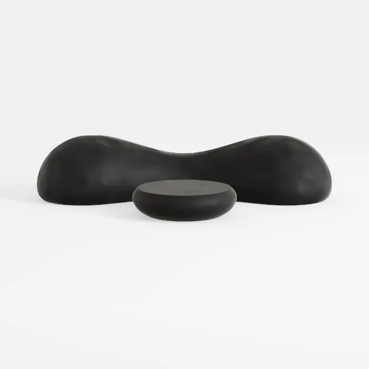 Minimalist Black Solid Wood Curved Bench with Round Side Table 3D Model