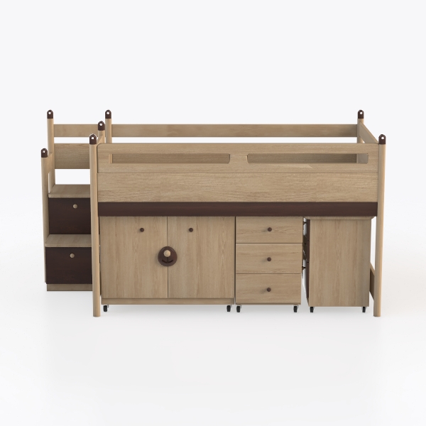 Natural Wood Twin Over Full Bunk Bed with Desk and