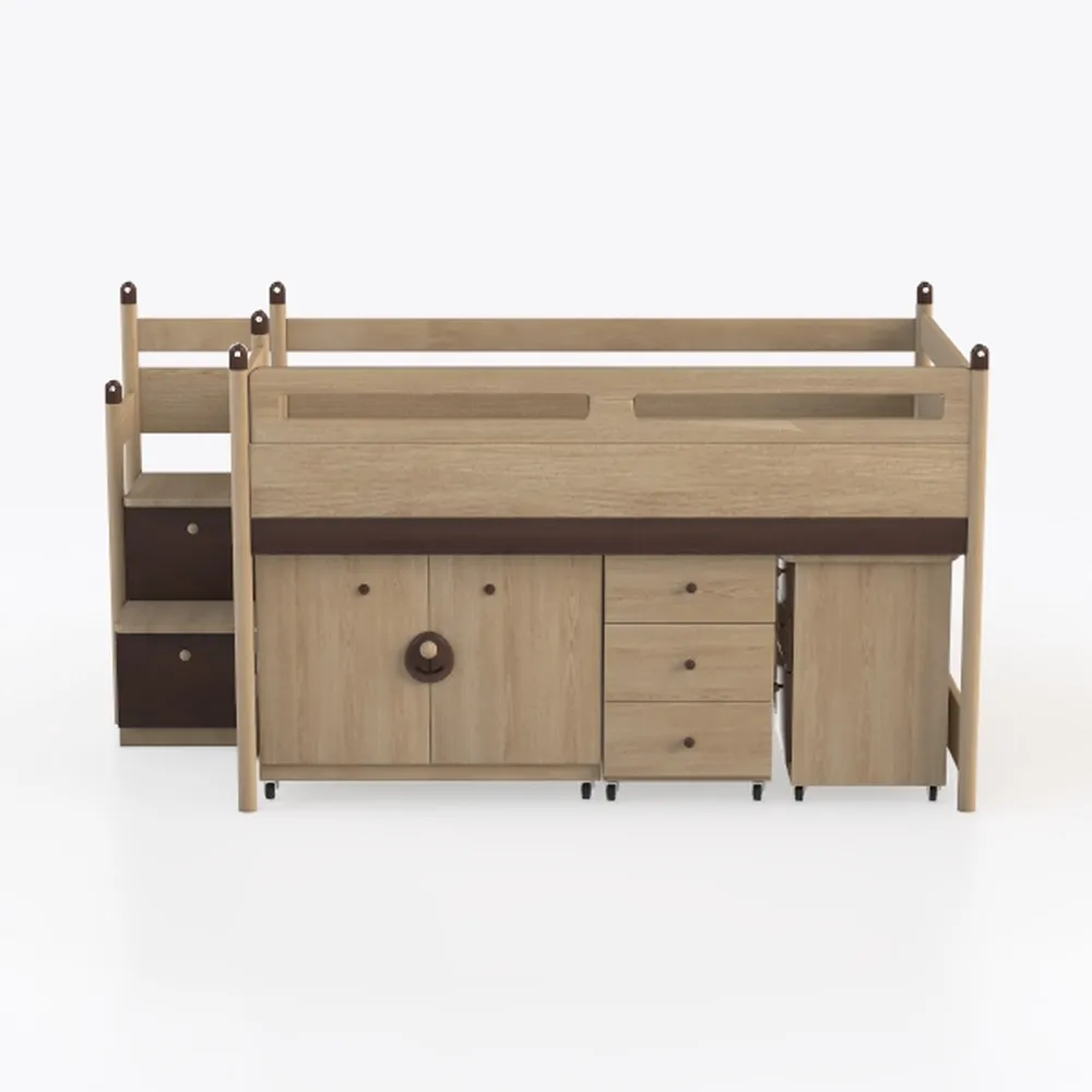 Natural Wood Twin Over Full Bunk Bed with Desk and