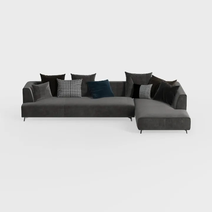 Modern Dark Grey Fabric L-shaped Sectional Sofa with Decorative Throw Pillows 3D Model