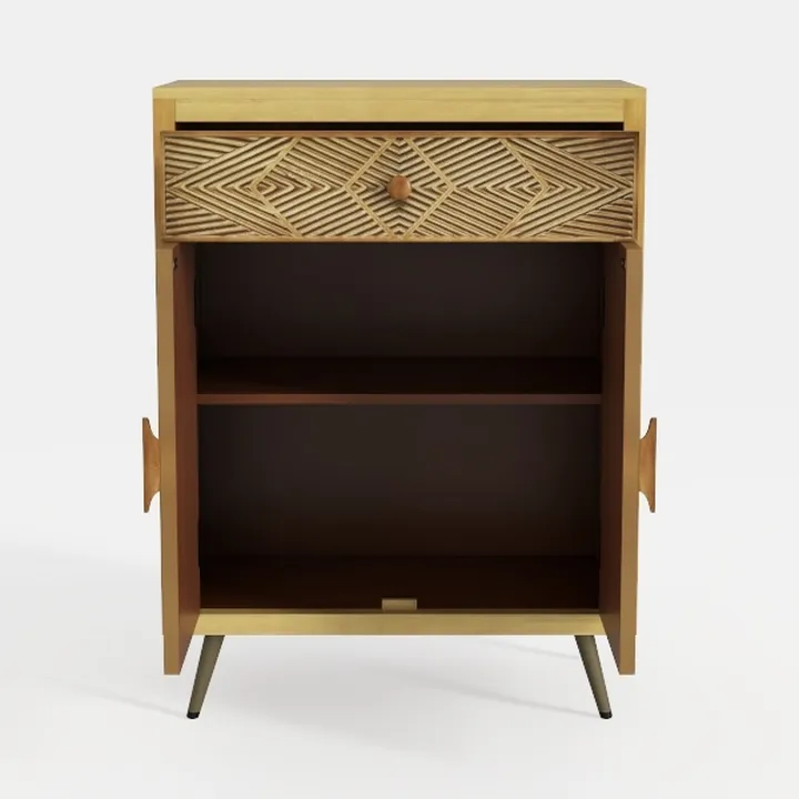 Mid-Century Solid Wood Carved Accent Cabinet With Storage 3D Model