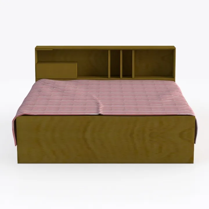 Minimalist Solid Wood Storage Bed With Striped Bedding 3D Model