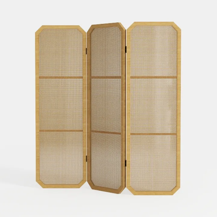 Modern Japandi Cane Solid Wood Folding Room Divider Screen 3D Model