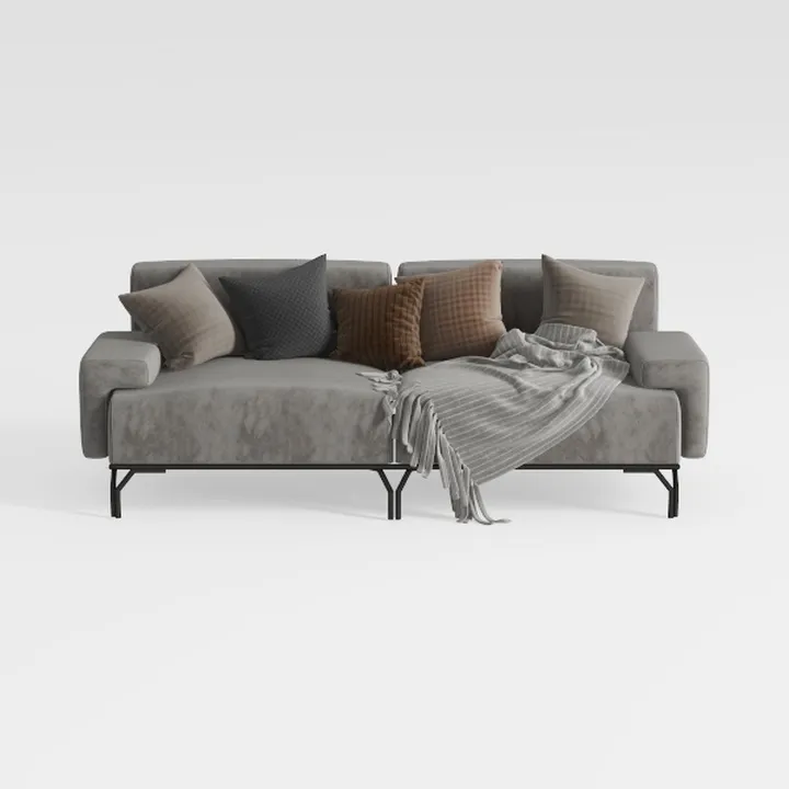 Modern Minimalist Grey Velvet Fabric Sofa With Throw Pillows Blanket 3D Model