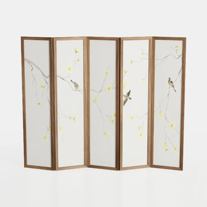 Minimalist Wooden Floral Printed Folding Room Divider 3D Model