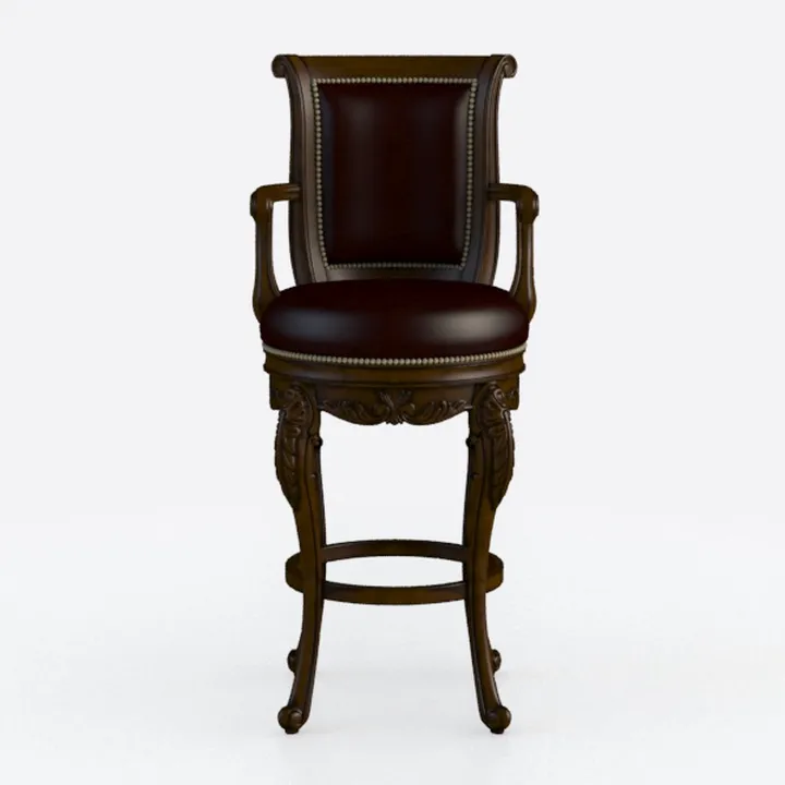 Vintage Solid Wood Leather Upholstered Bar Stool 3D Model