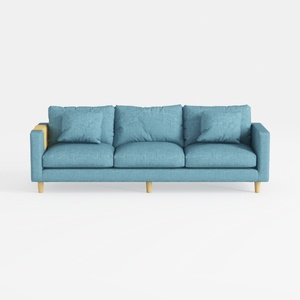 Minimalist Fabric Blue Three Seater Sofa With Wood Accents 3D Model