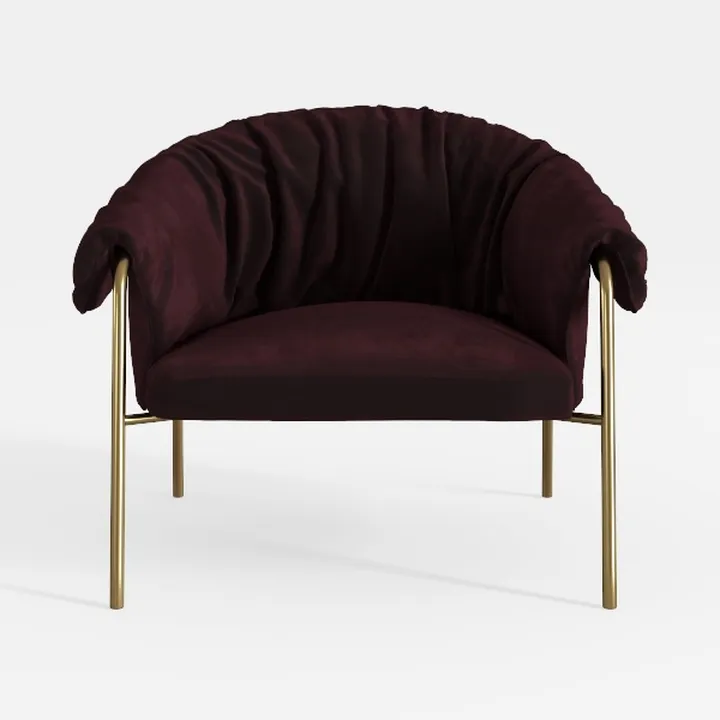 Modern Burgundy Velvet Gold Metal Accent Armchair 3D Model