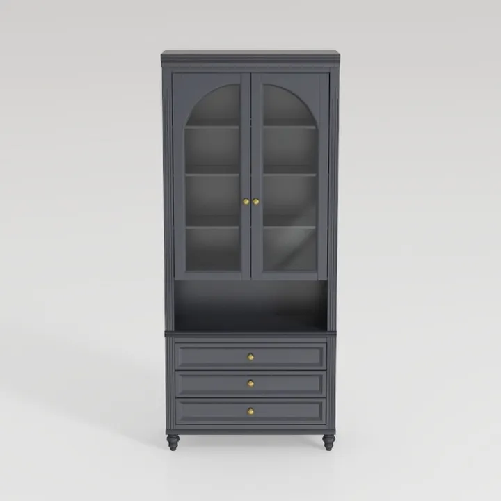 Modern Dark Gray Solid Wood Display Cabinet With Glass Doors Drawers 3D Model