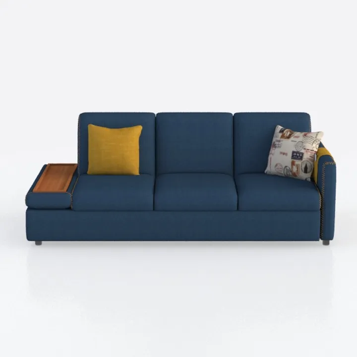 Modern Navy Fabric 3 Seater Sofa with Side Tray and Throw Pillows 3D Model