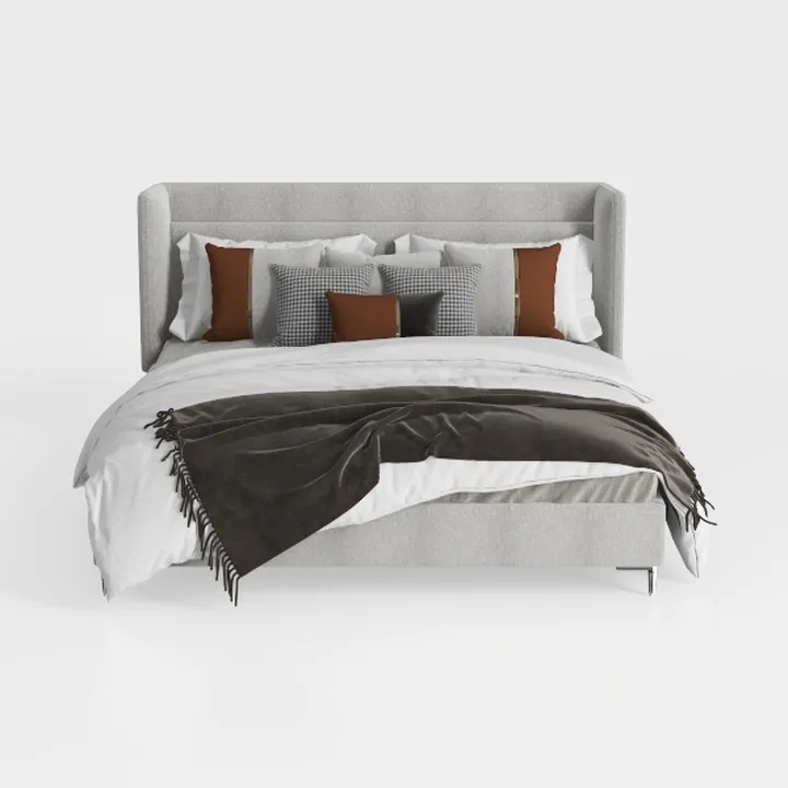 Modern Minimalist Fabric Upholstered King Bed with Decorative Pillows 3D Model