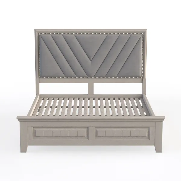 Modern Grey Velvet Upholstered Solid Wood Storage Bed 3D Model Front View