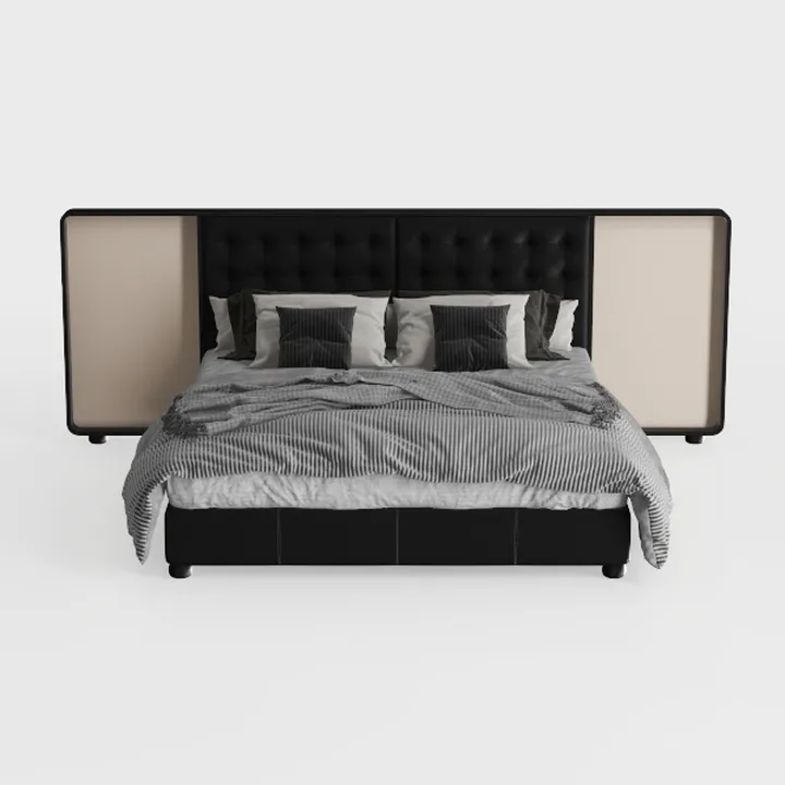 Modern Black Leather Tufted King Size Bed with Side Panels 3D Model