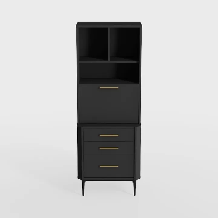 Modern Black Solid Wood Tall Storage Cabinet With Gold Accents 3D Model