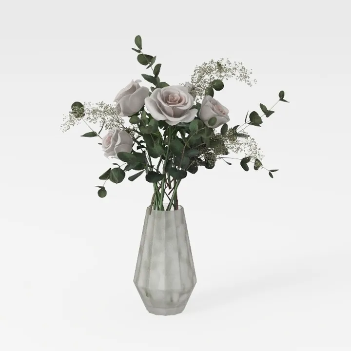 Minimalist Gray Ceramic Floral Vase with Rose Arrangement 3D Model