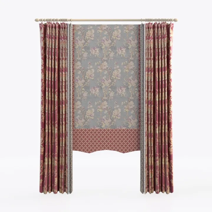 Vintage Floral Fabric Curtain Set with Rod 3D Model