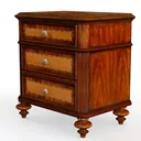 Vintage Inlaid Solid Wood Three Drawer Nightstand 3D Model Left 45 Degree View