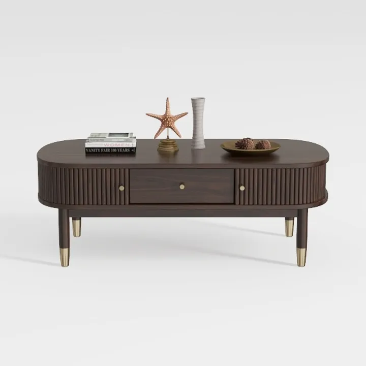 Mid Century Modern Walnut Fluted Oval Coffee Table with Brass Accents 3D Model