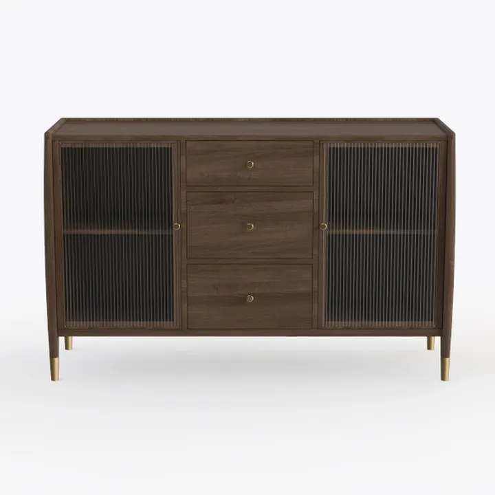 Mid Century Walnut Fluted Glass Brass Accent Sideboard Cabinet 3D Model