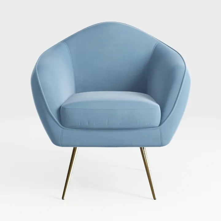 Modern Blue Velvet Gold Metal Legs Armchair 3D Model